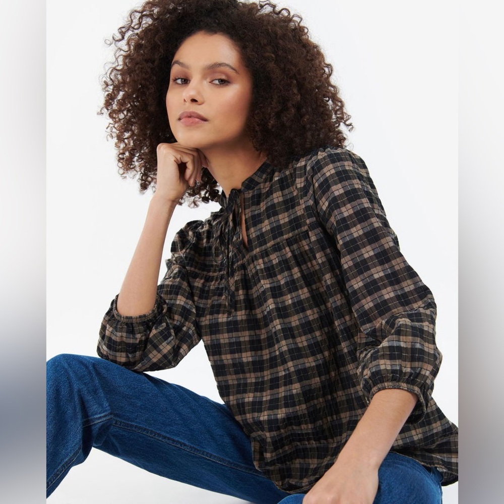 Barbour Lorelie Check Seersucker Popover "Praline Check” Top size 8